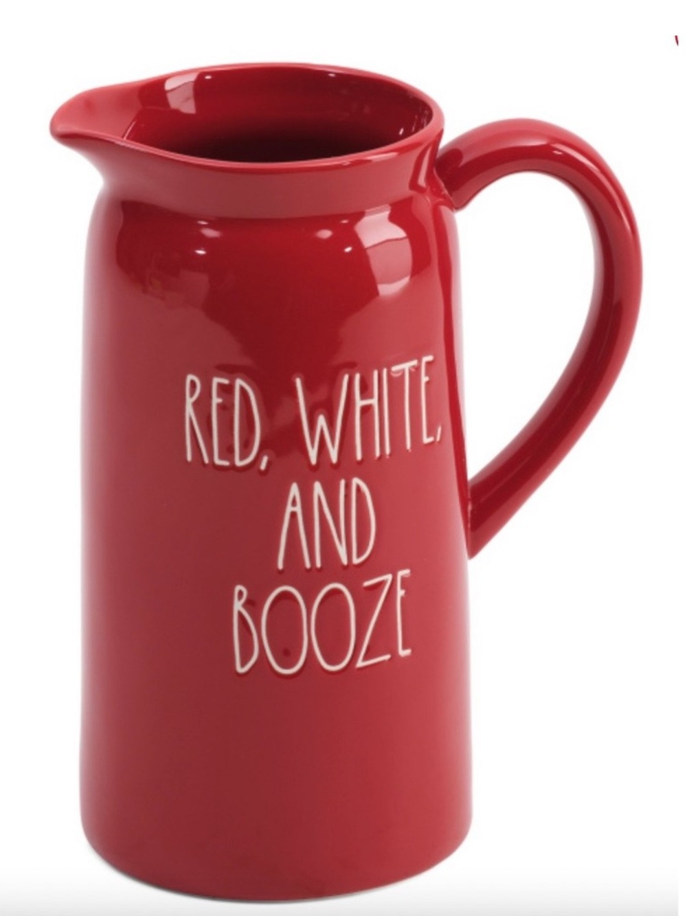 Rae Dunn Red Ceramic Pitcher with 'Red, White, and Booze'